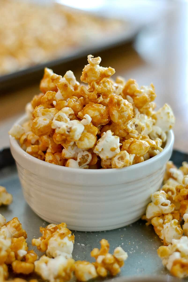 spicy caramel popcorn in bowl.