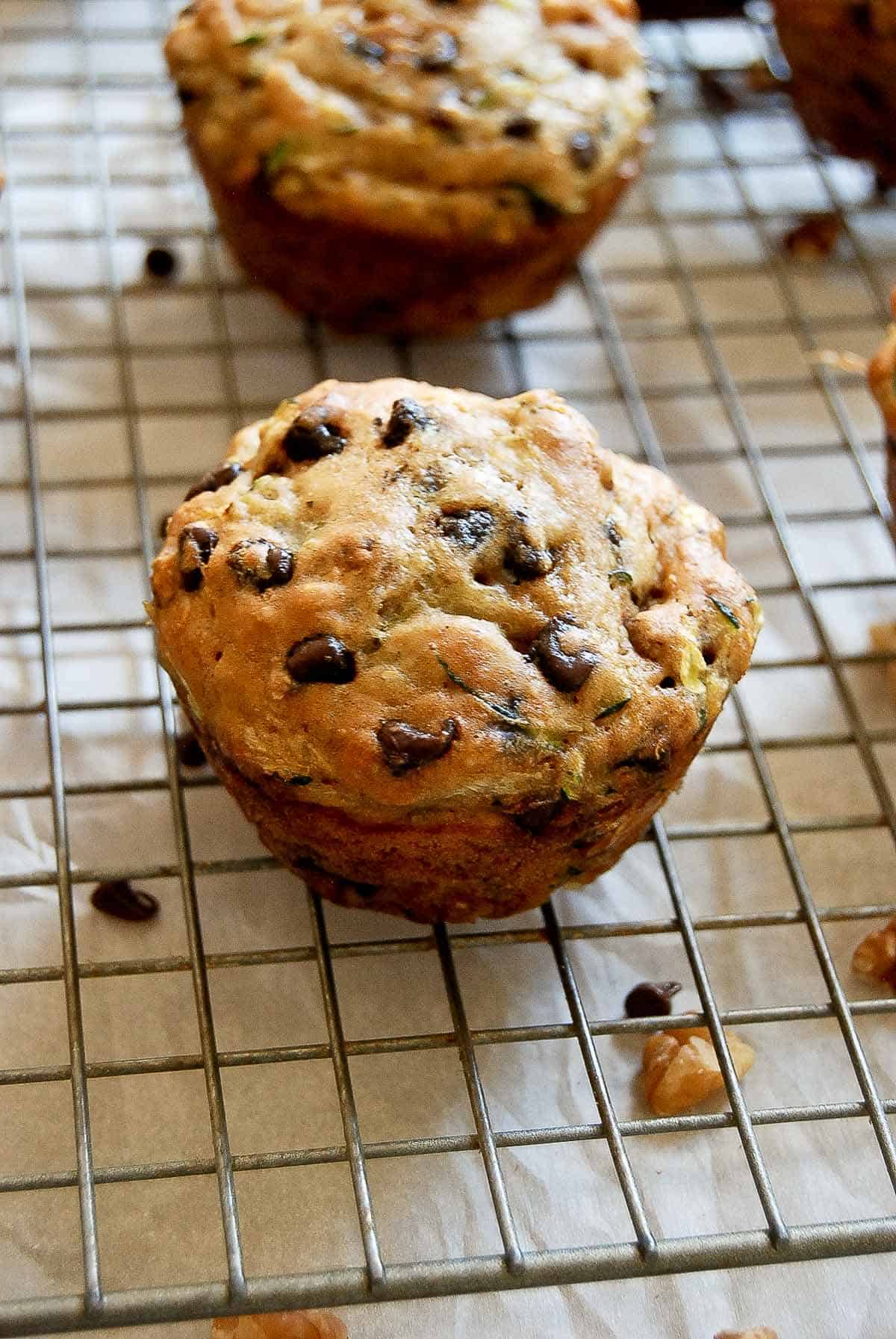 close up of chocolate chip zucchini muffins