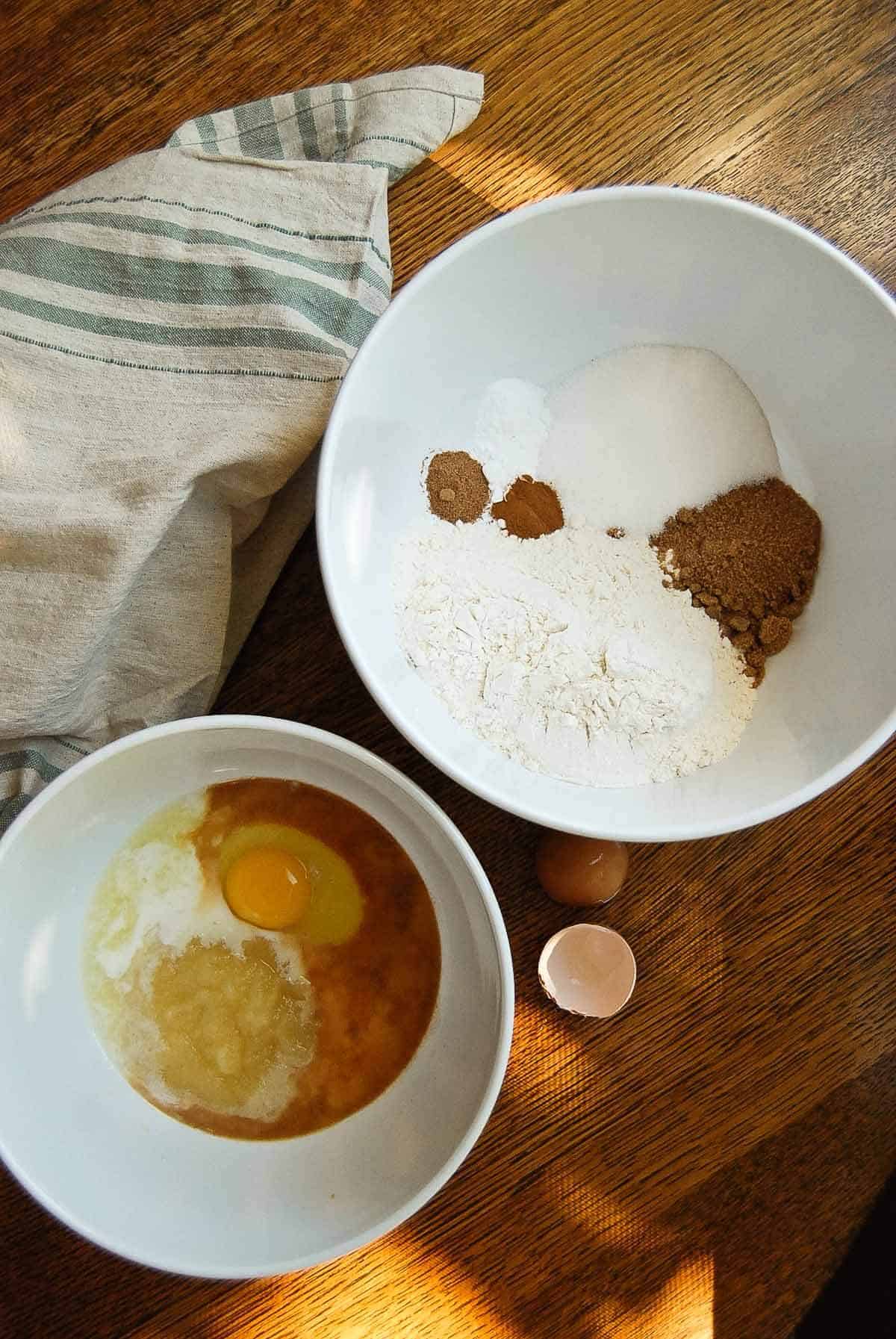 wet and dry ingredients for chocolate chip zucchini muffins