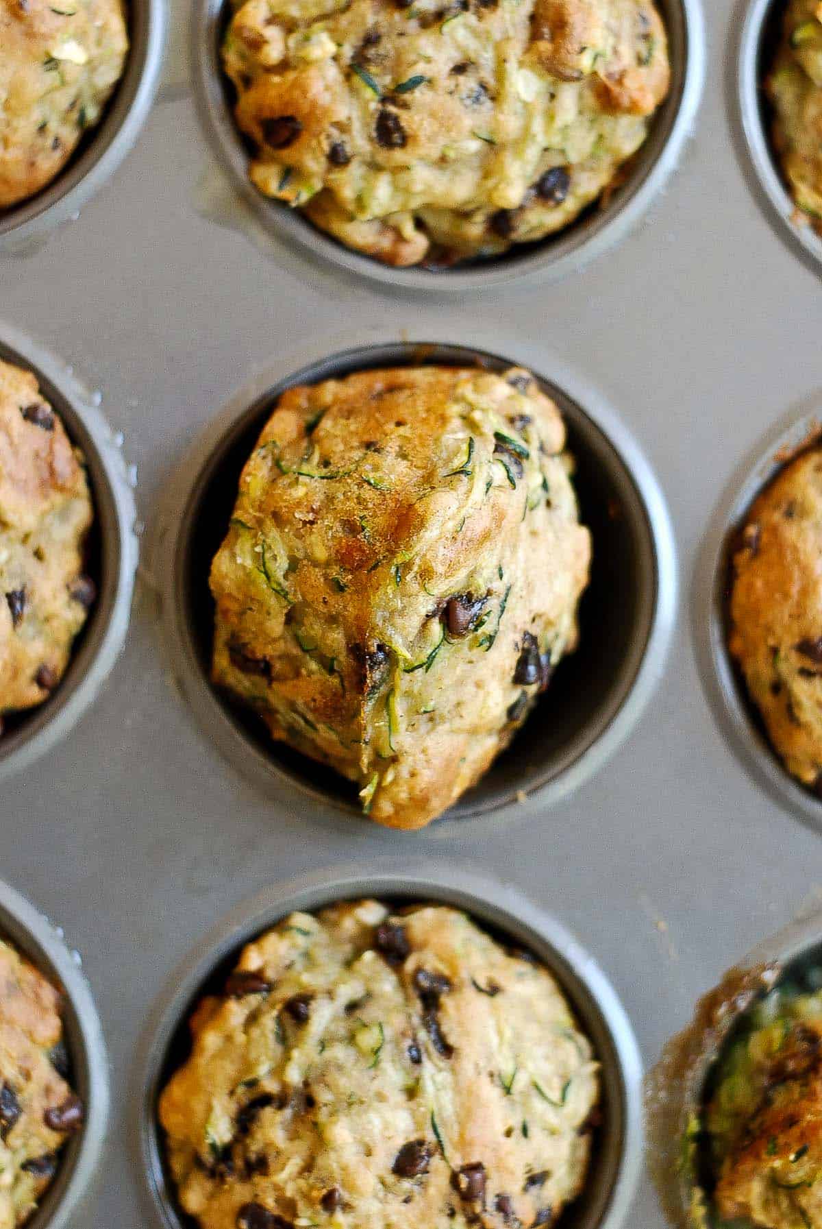 close up of zucchini muffin with chocolate chips