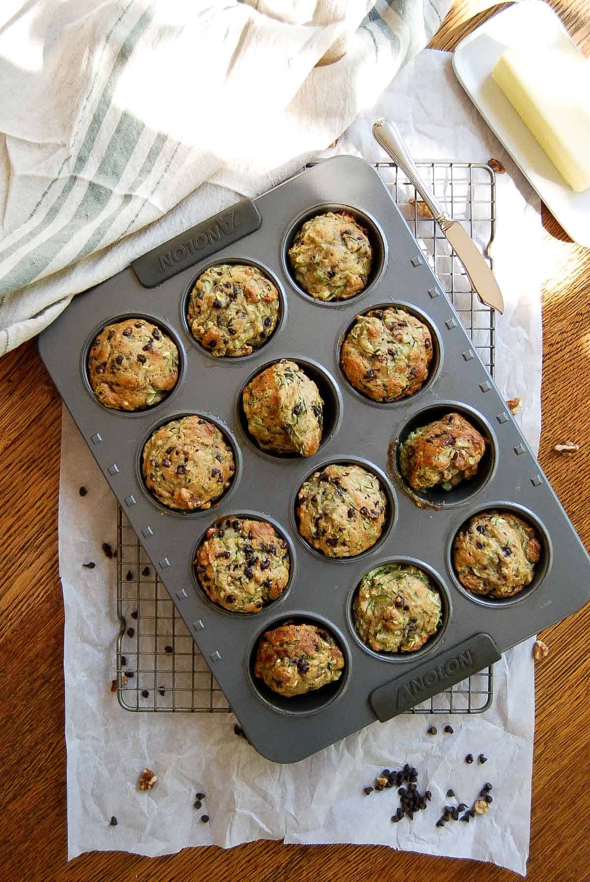 zucchini chocolate chip muffins in muffin tin