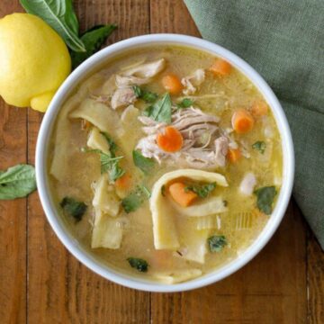 instant pot chicken noodle soup in bowl on table.