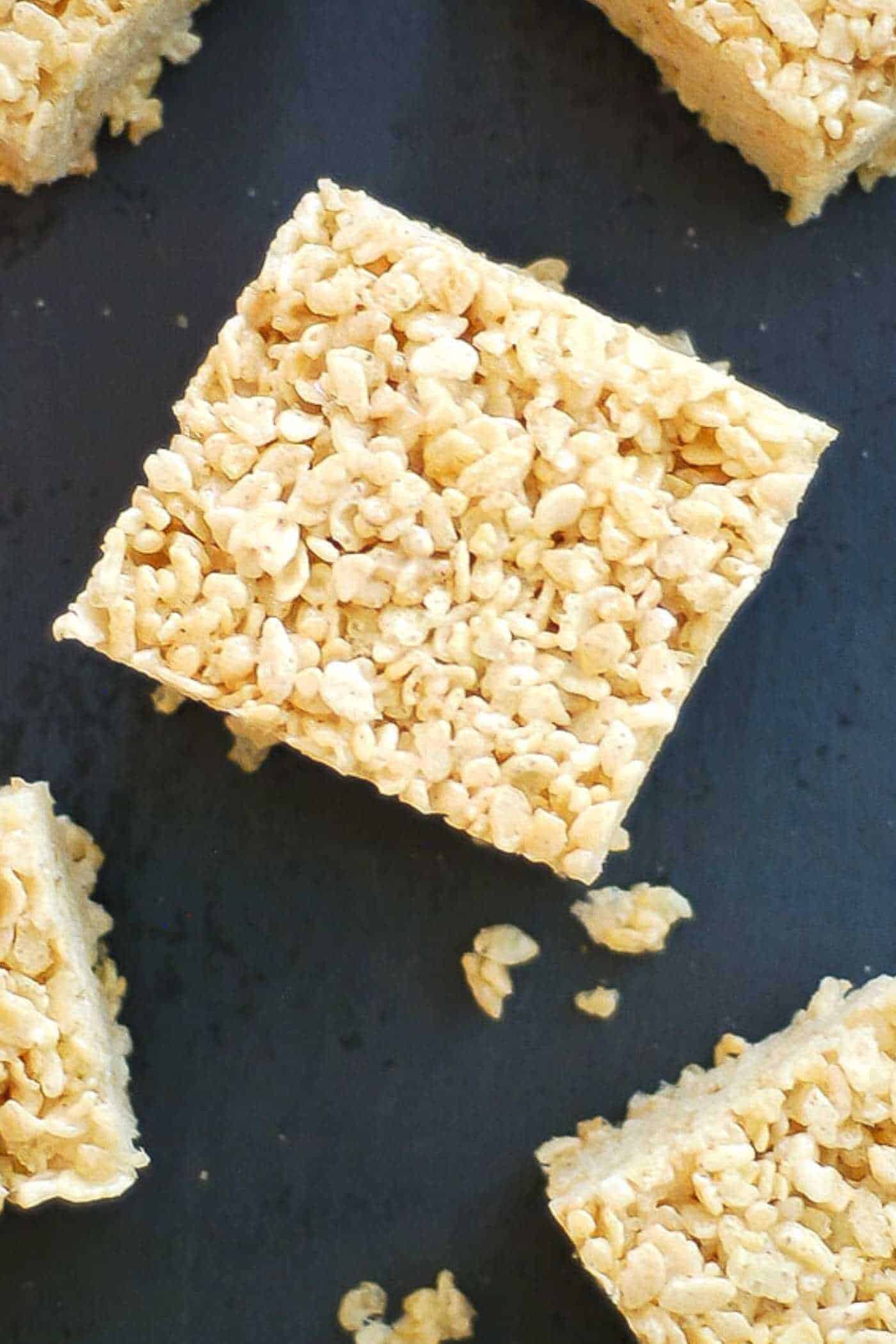 closeup of brown butter rice krispie bar