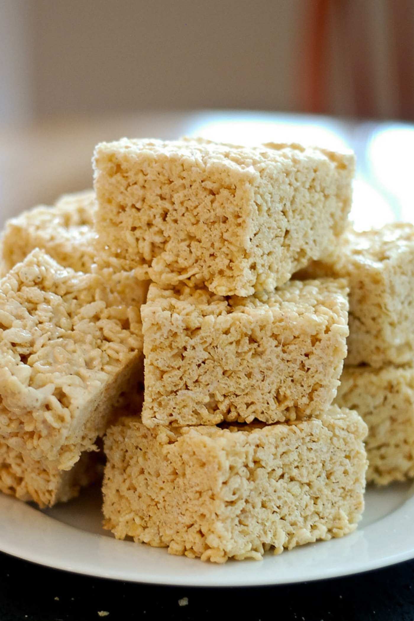 close up plate of brown butter rice krispie treats