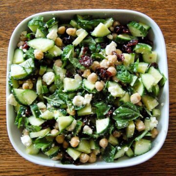 cucumber salad with chickpeas, feta, basil and cranberries.