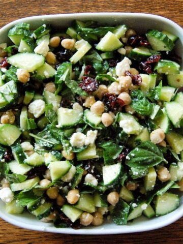 cucumber salad with chickpeas, feta, basil and cranberries.