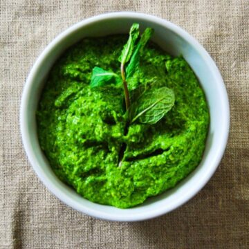 pea shoot pesto in bowl