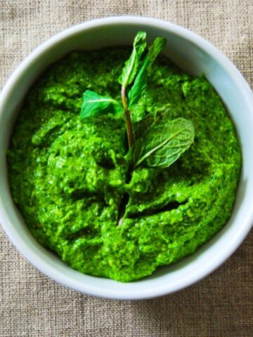 pea shoot pesto in bowl