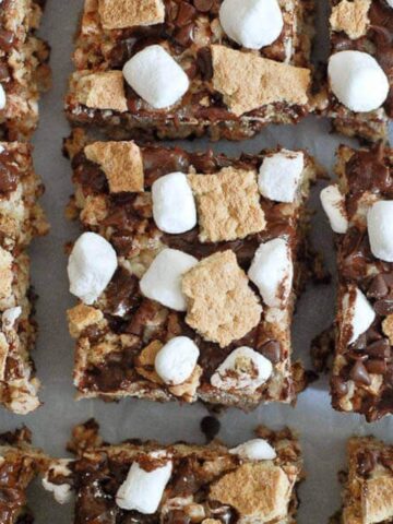 s'mores rice krispie treats cut into squares.