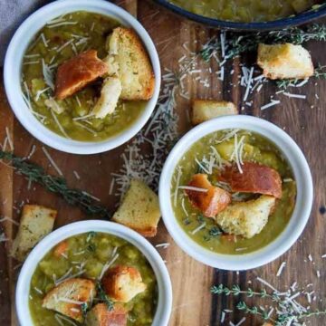 split pea soup in bowls with croutons