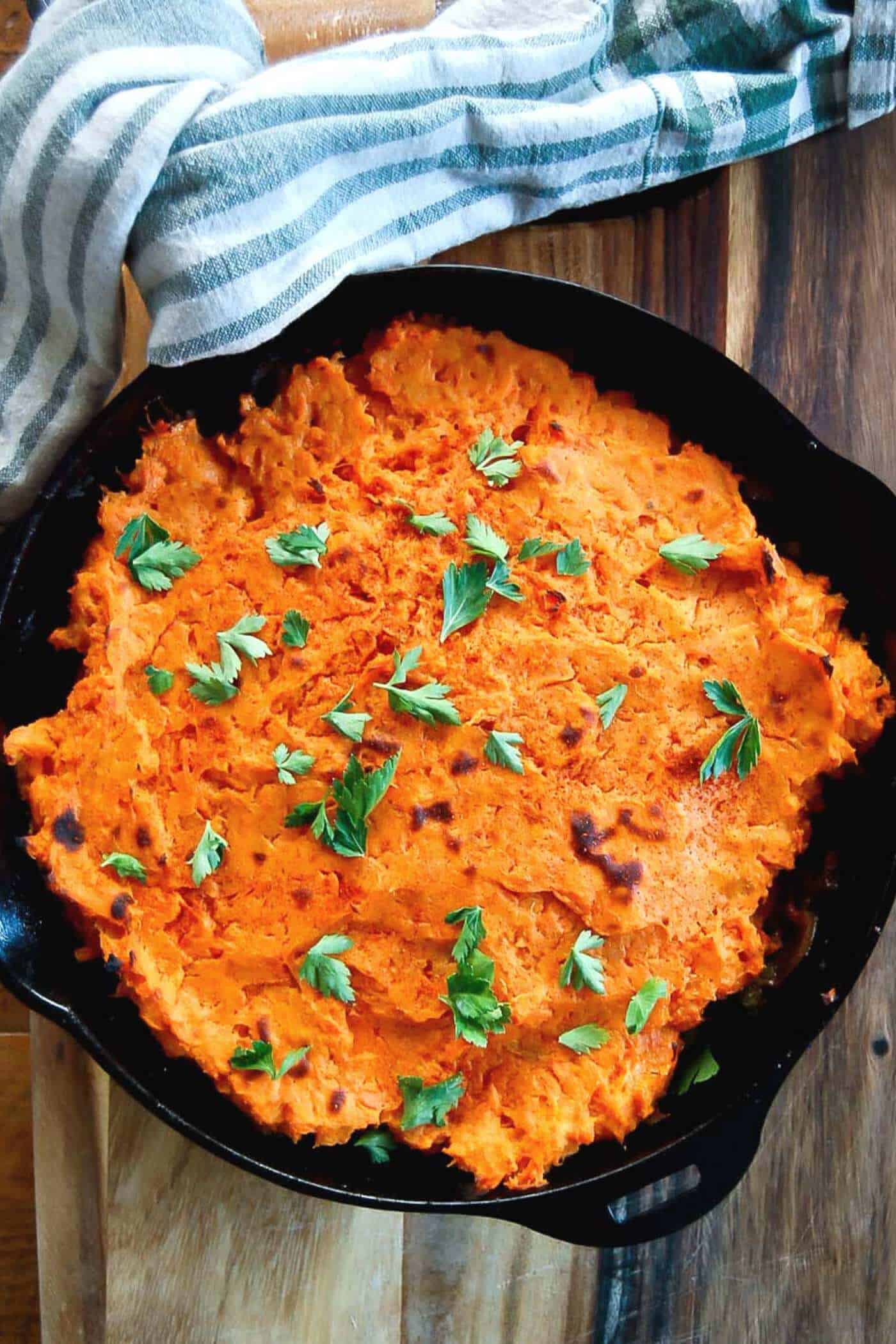 baked sweet potato shepherds pie in skillet.