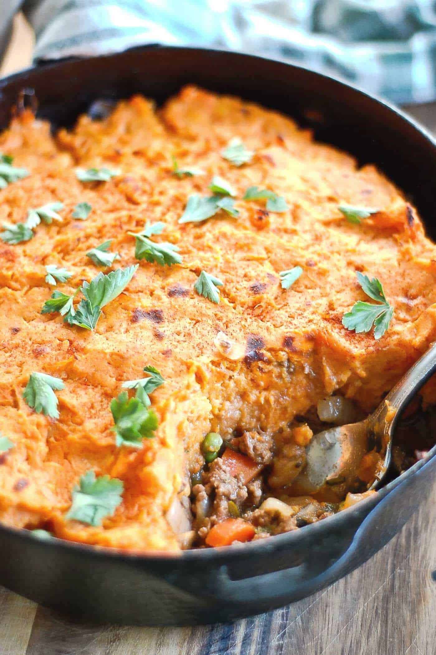 baked sweet potato shepherds pie in skillet