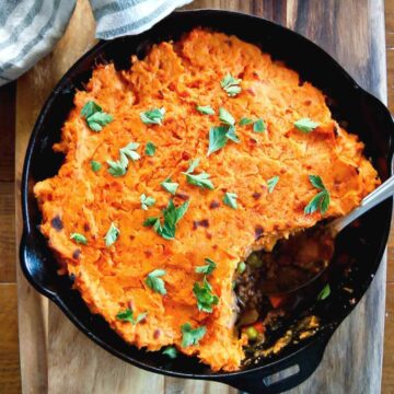 baked sweet potato shepherds pie in skillet.