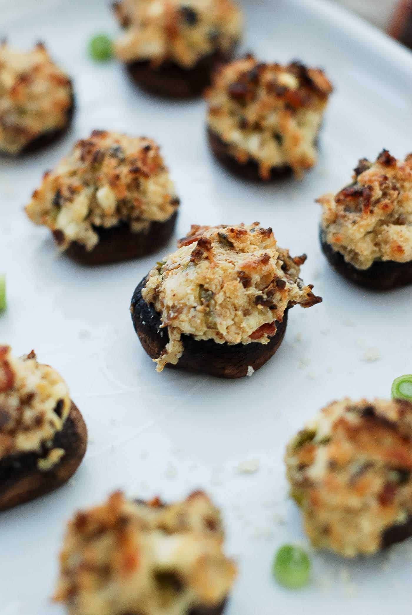 close up of cream cheese stuffed mushroom.