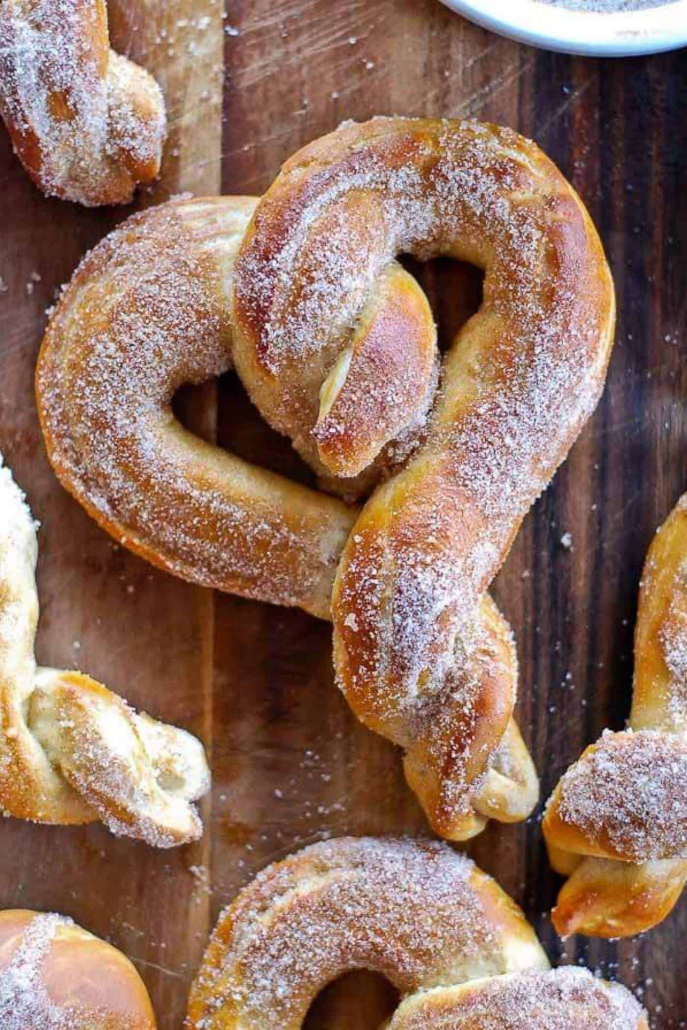 heart shaped cinnamon sugar pretzel.