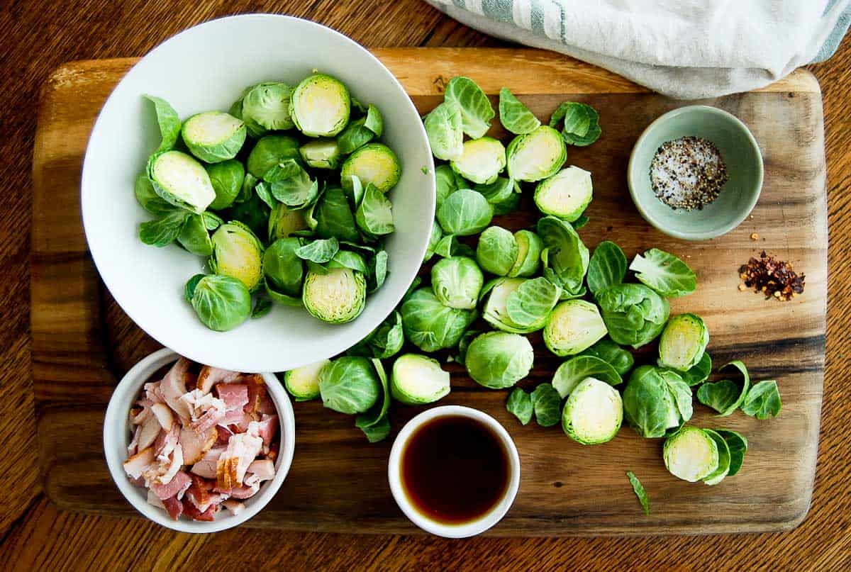ingredients for maple bacon brussels sprouts.