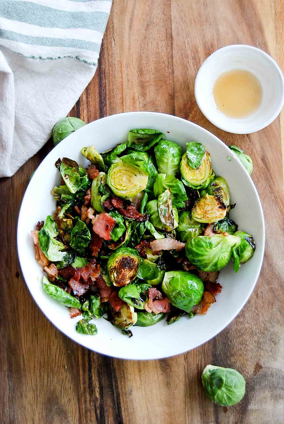 maple bacon brussels sprouts in bowl.