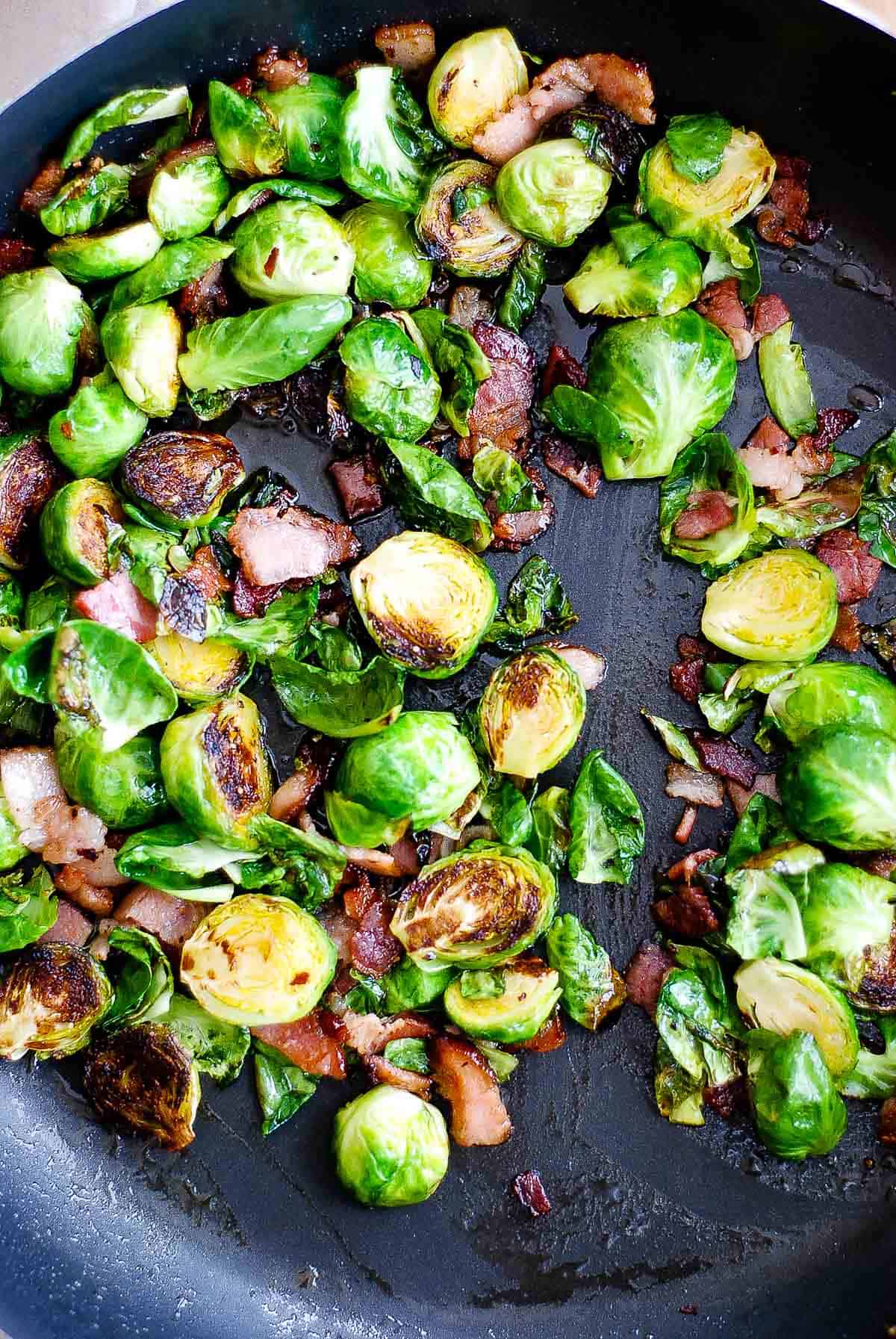 maple bacon brussels sprouts in pan.