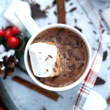 mexican hot chocolate in mug with marshmallow.