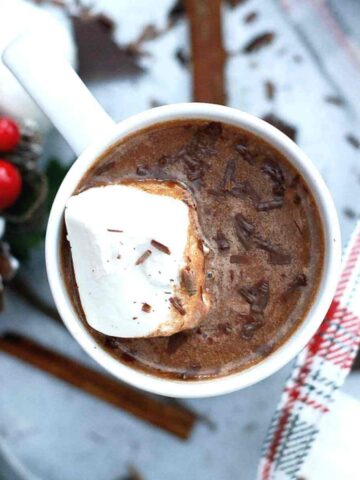 mexican hot chocolate in mug with marshmallow.