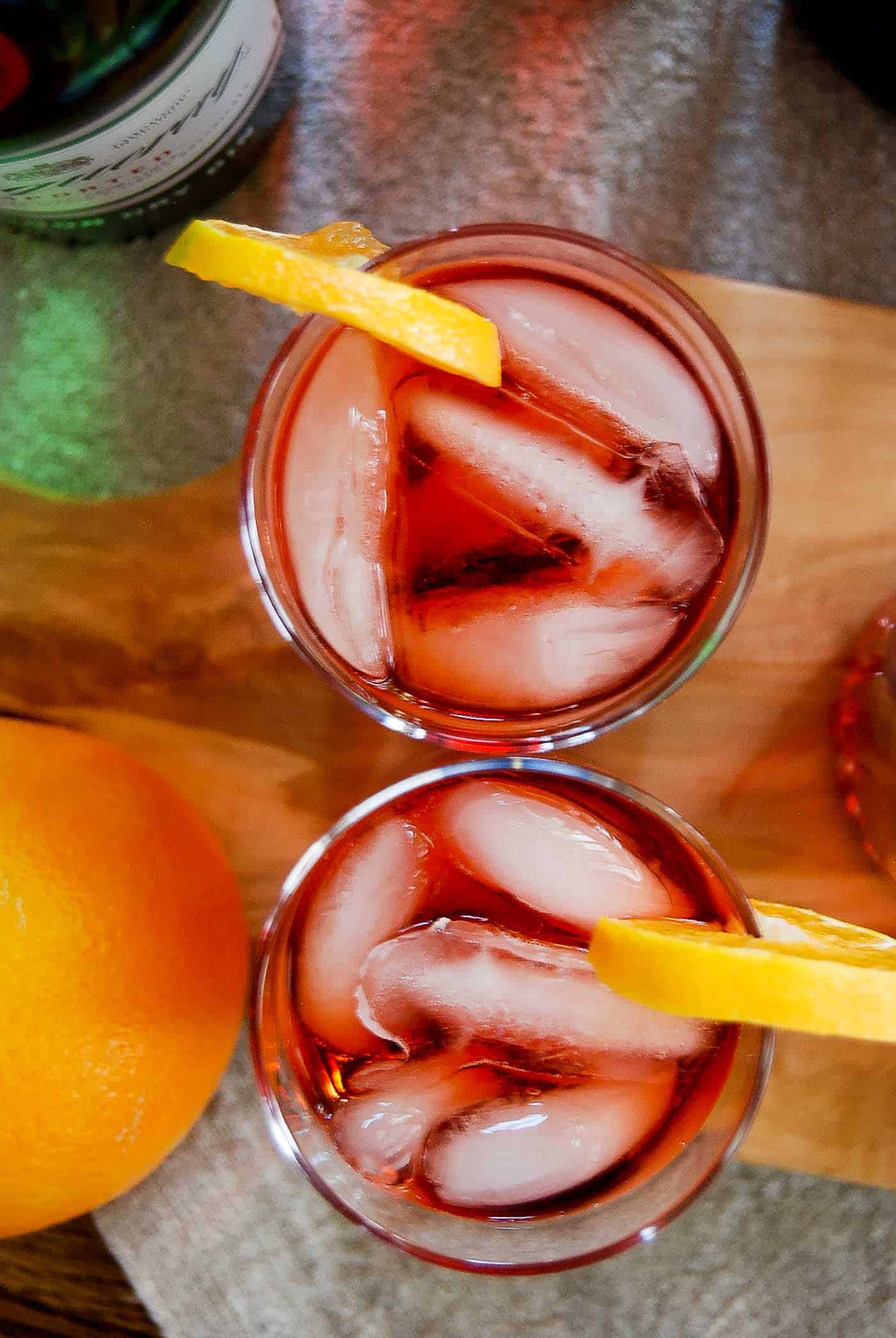 negronis in glasses, top down view.