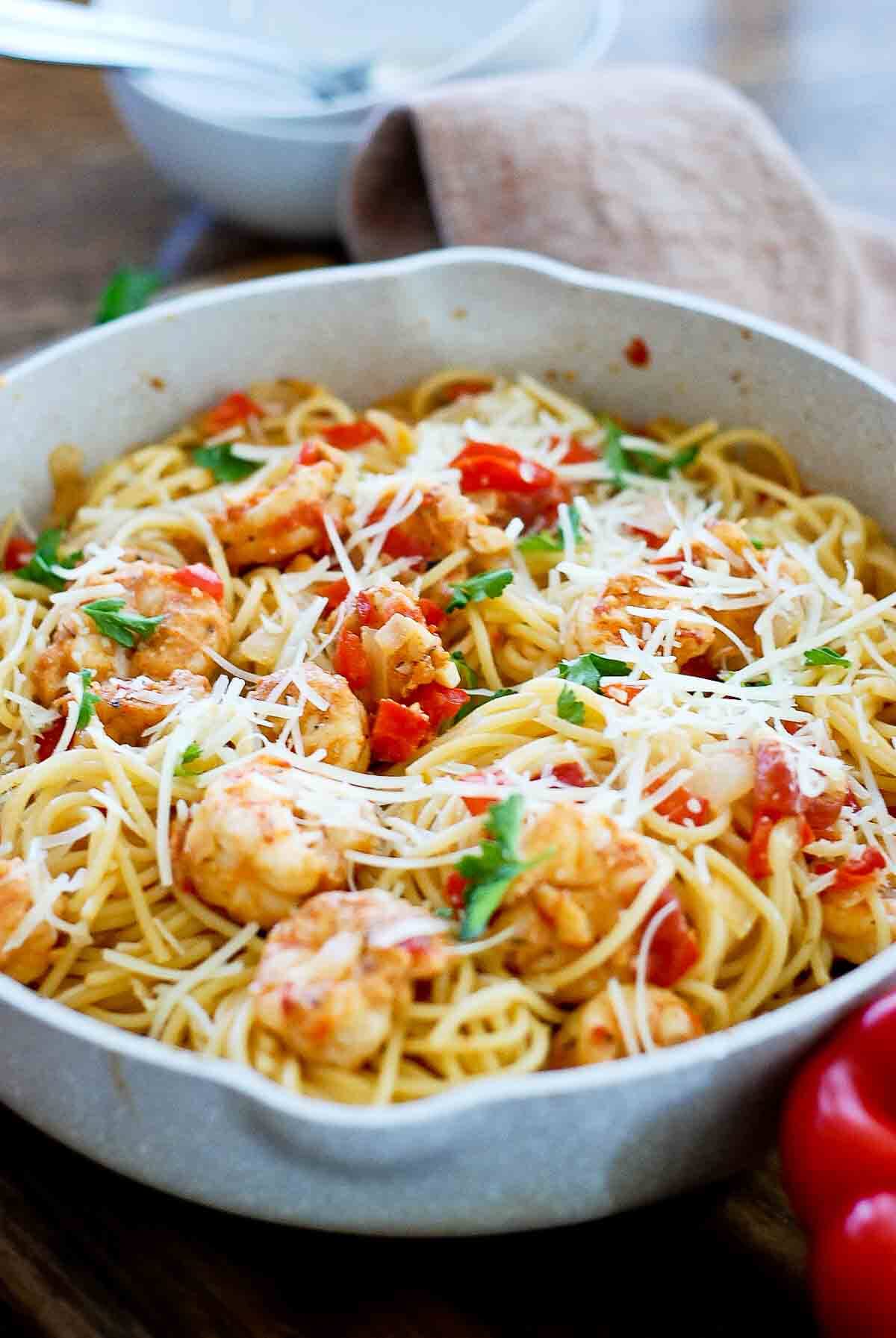 cajun shrimp pasta in serving pan.