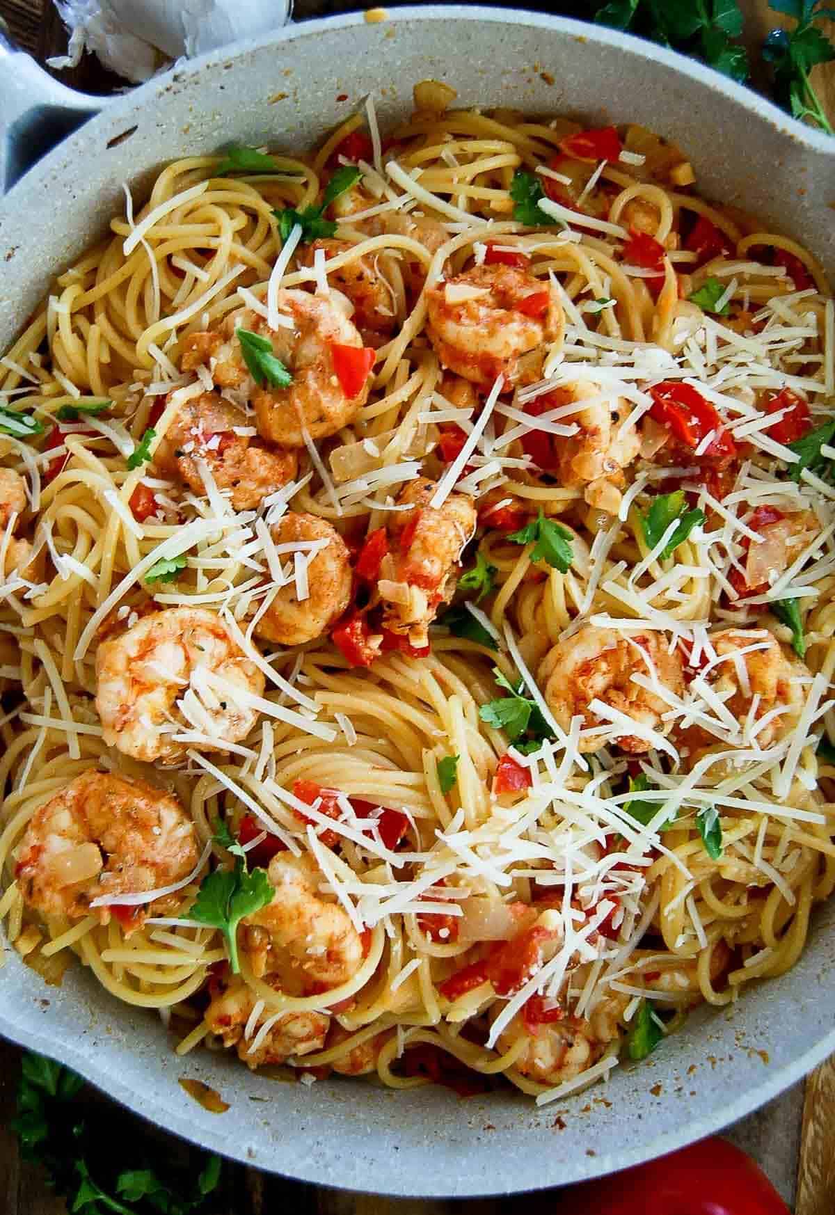 spicy shrimp pasta in serving bowl.
