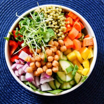 chickpea and veggie salad in bowl.