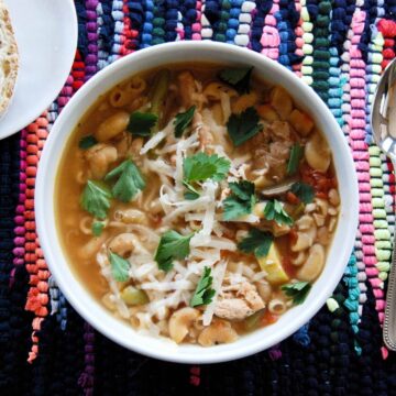 one-pot chicken minestrone soup in bowl.