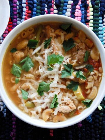 one-pot chicken minestrone soup in bowl.