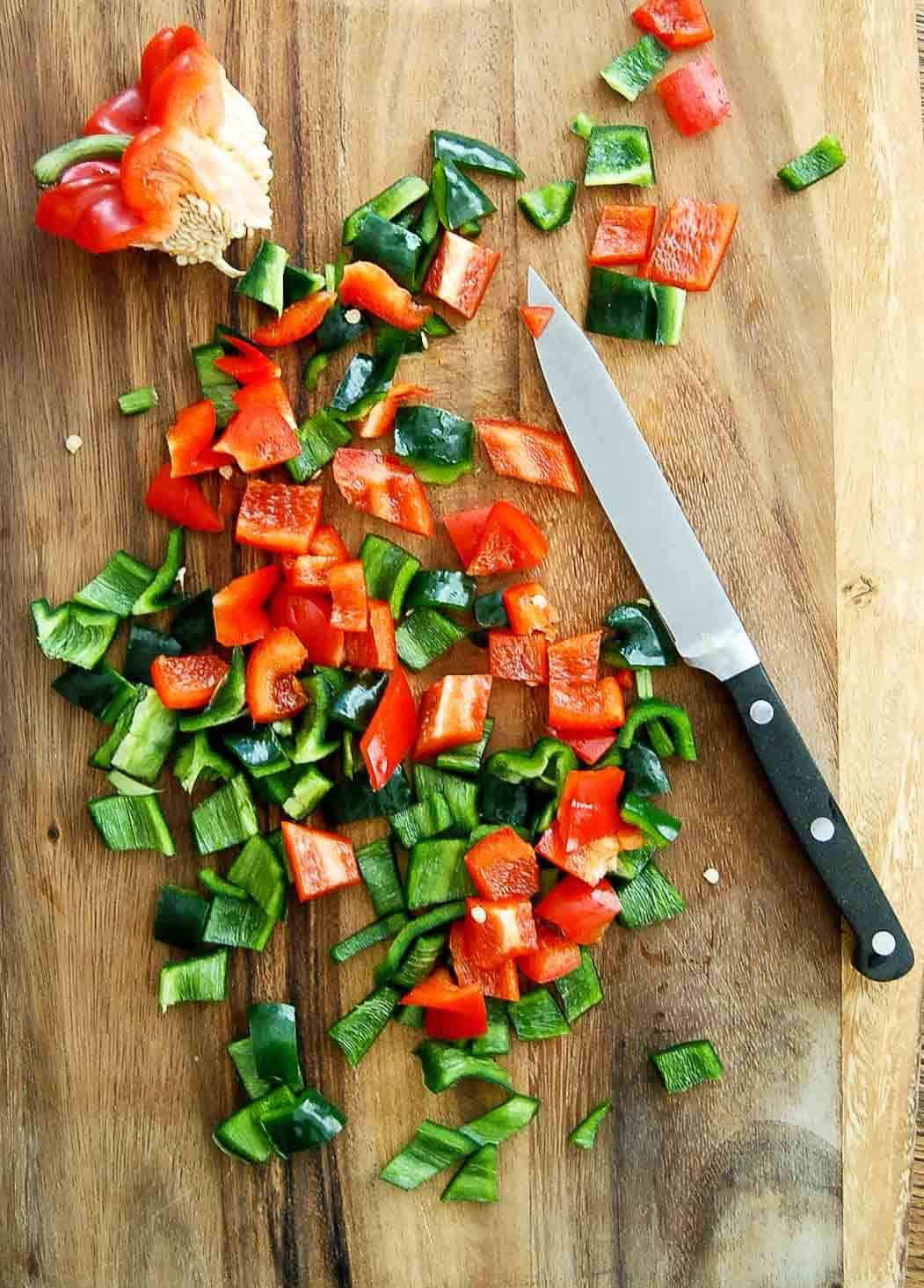 chopped pasillo and red pepper.