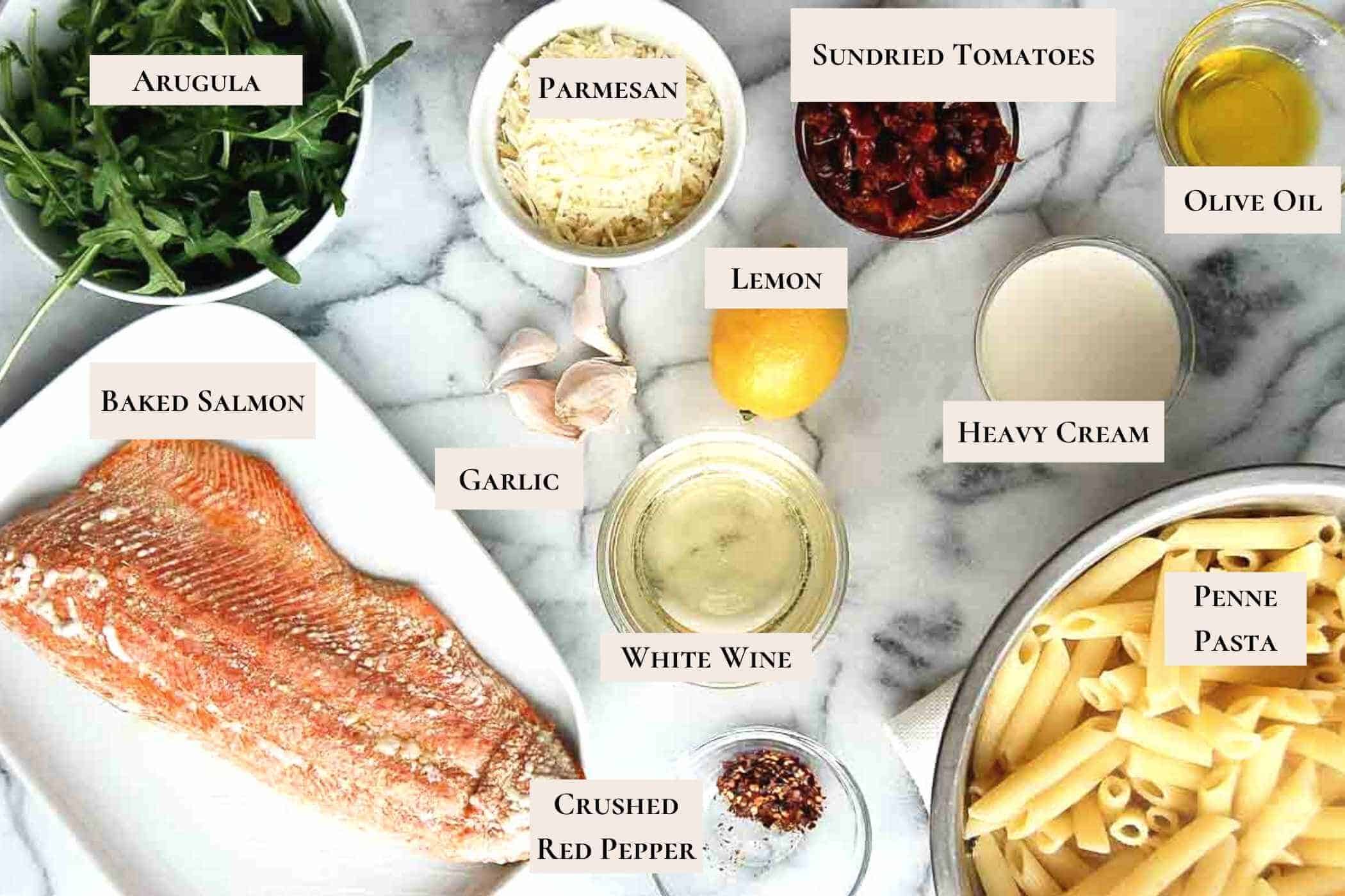 ingredients for lemon salmon pasta.