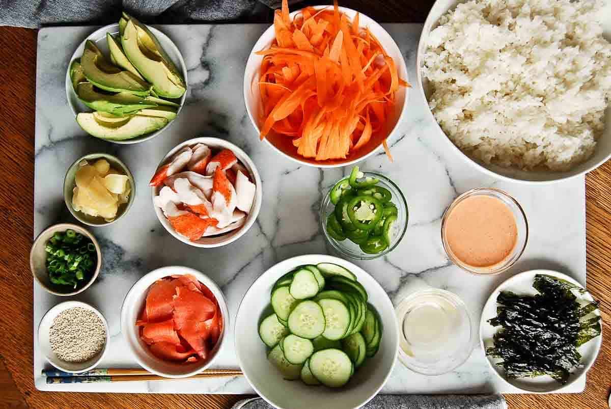 ingredients for smoked salmon sushi bowls.