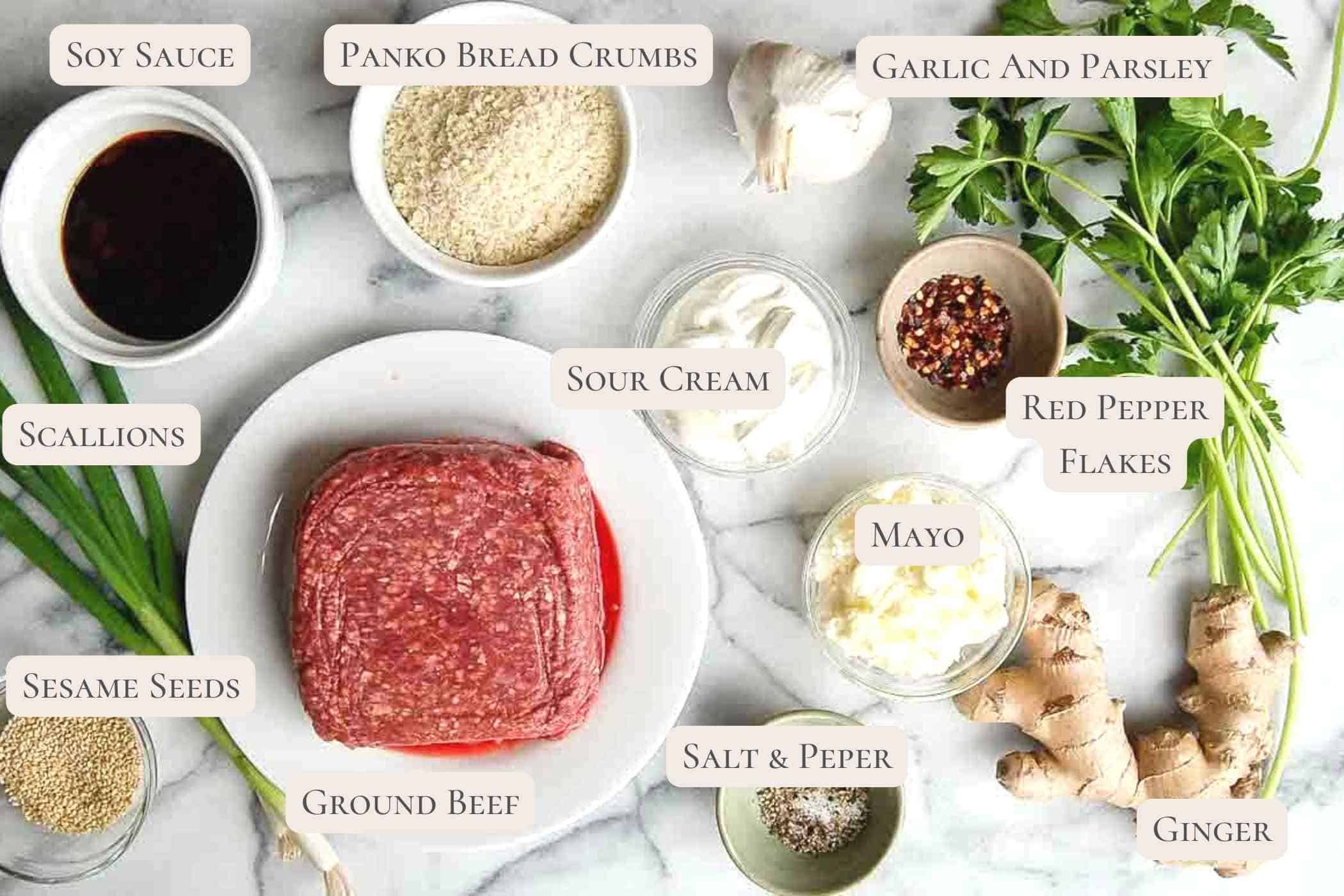 ingredients for Hello Fresh Asian Meatballs arranged on a cutting board.