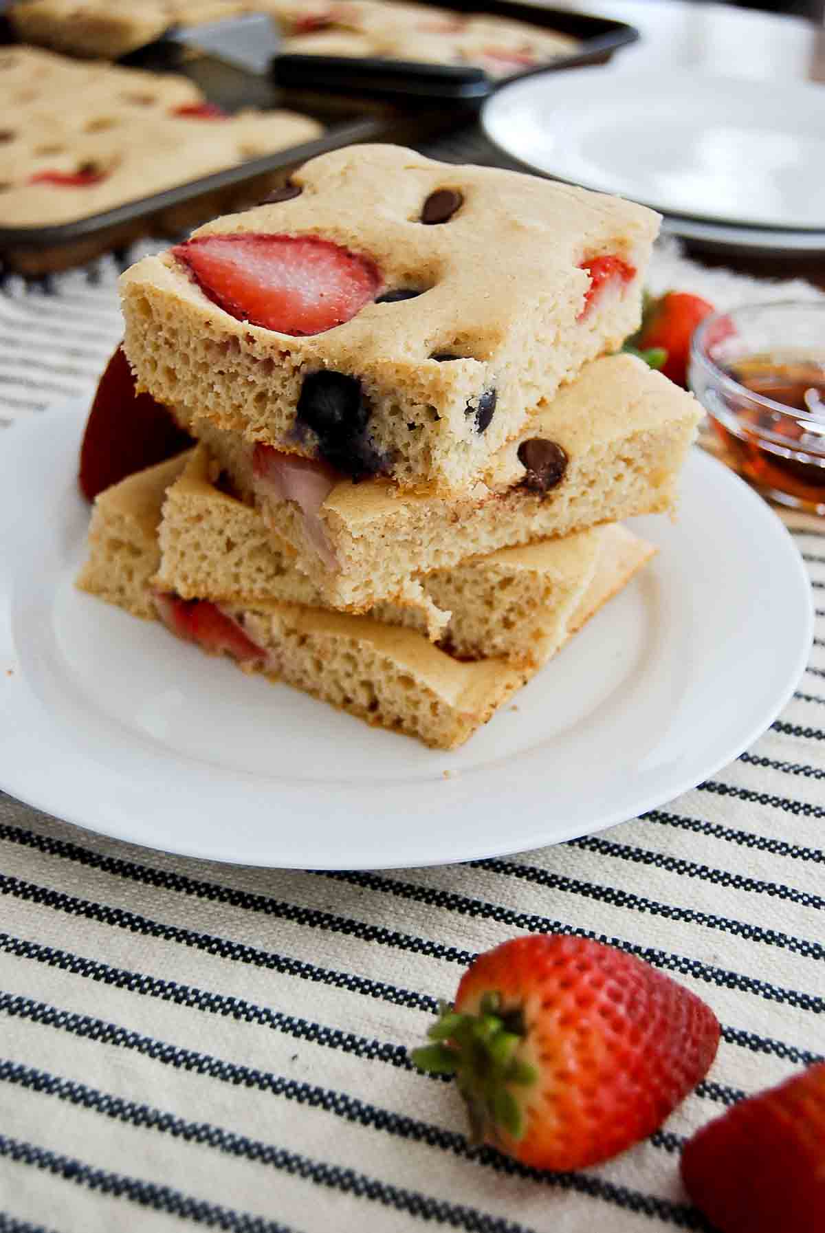 stack of sheet pan pancakes on plate.