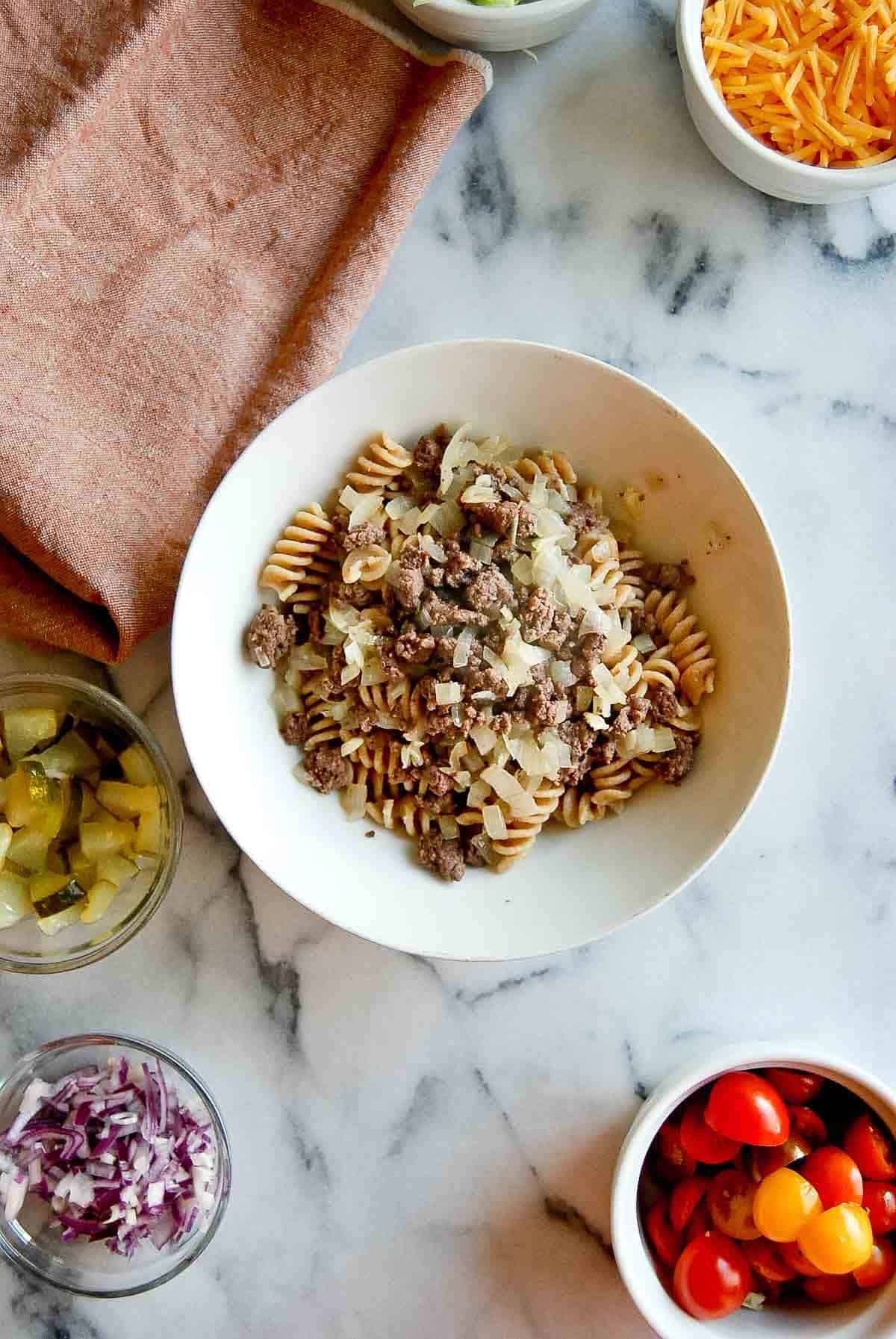 whole wheat pasta salad with ground beef.