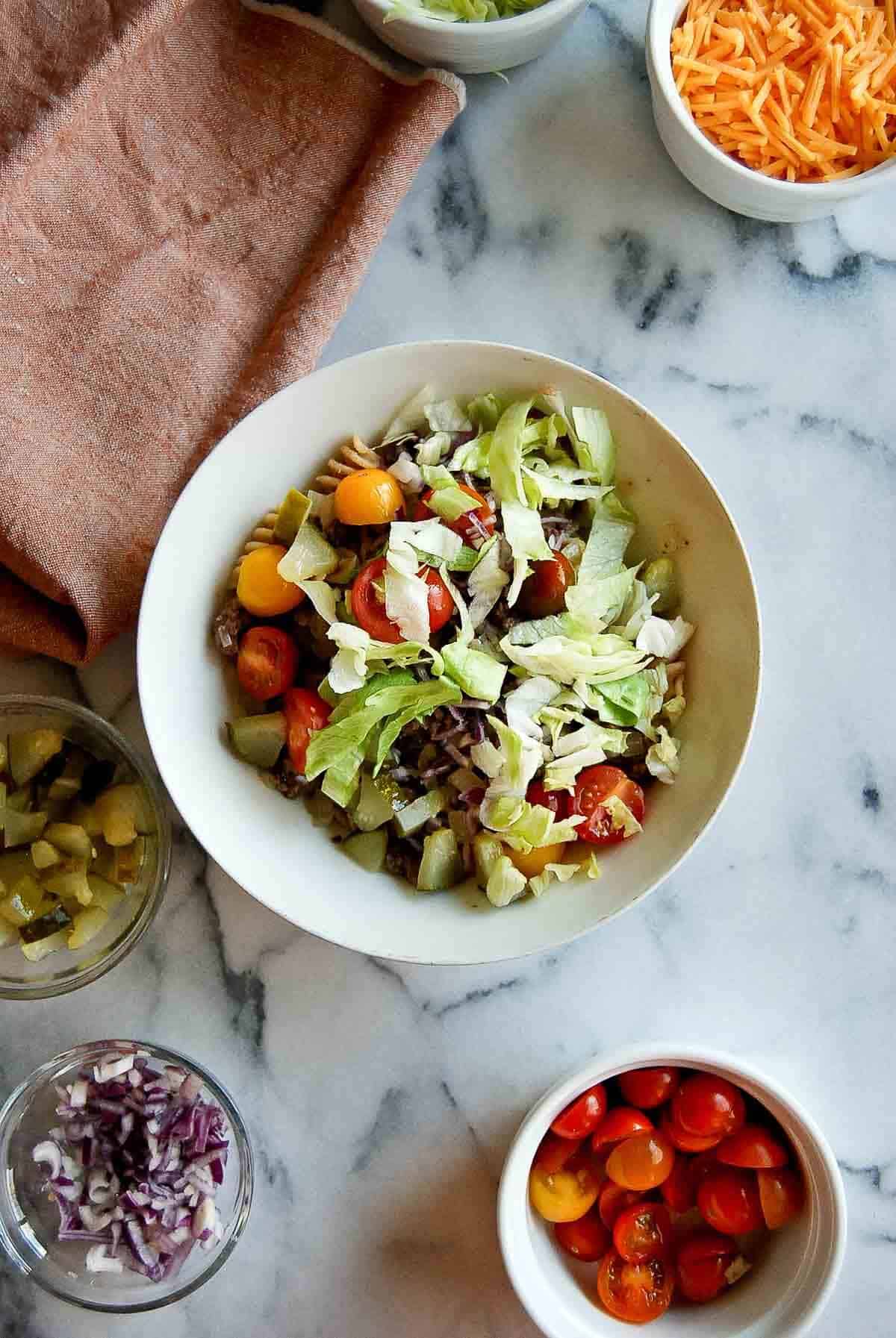 Cheeseburger pasta salad in bowl.