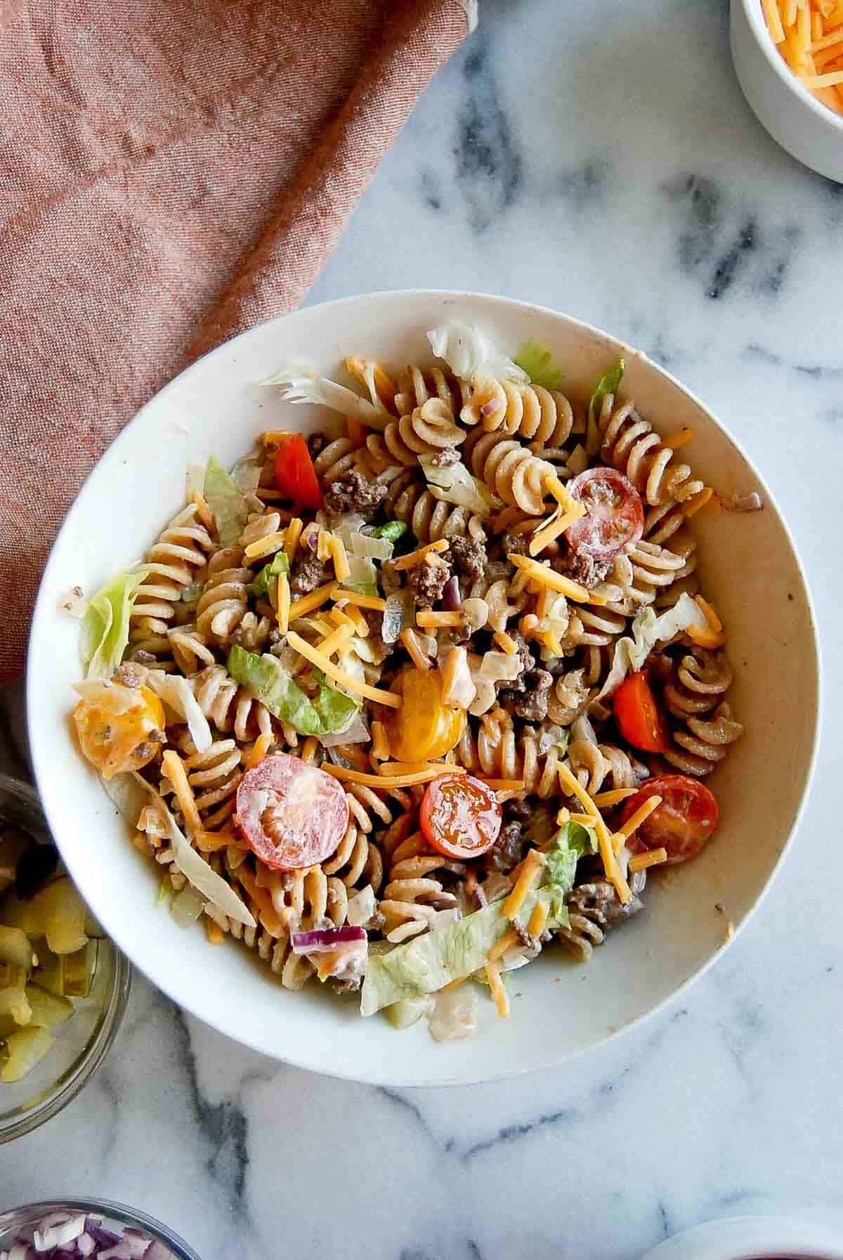 Jimmy Buffett Cheeseburger Pasta Salad In Bowl.