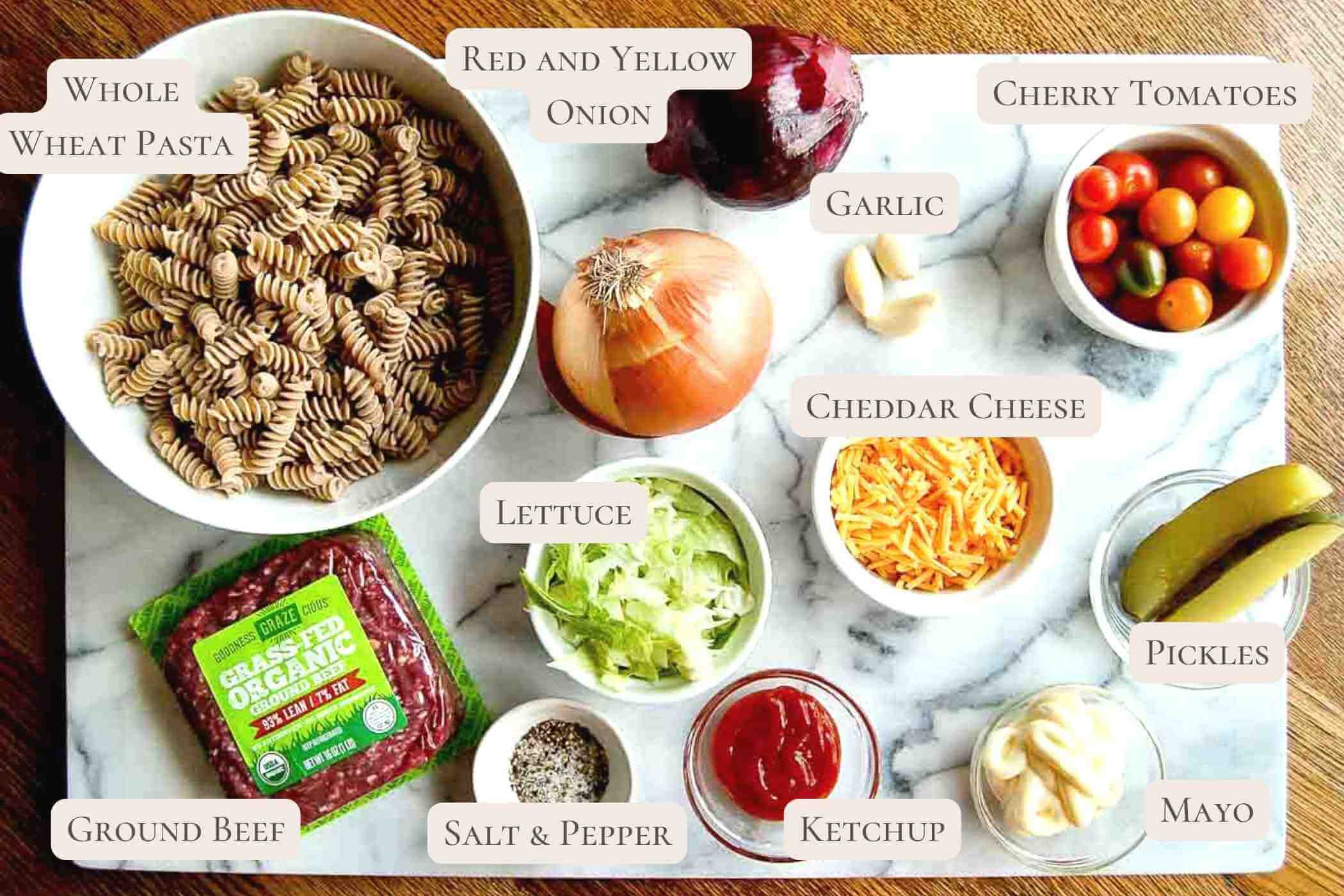 Ingredients for jimmy buffett cheeseburger pasta salad.