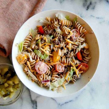 Jimmy Buffett Cheeseburger Pasta Salad In Bowl.