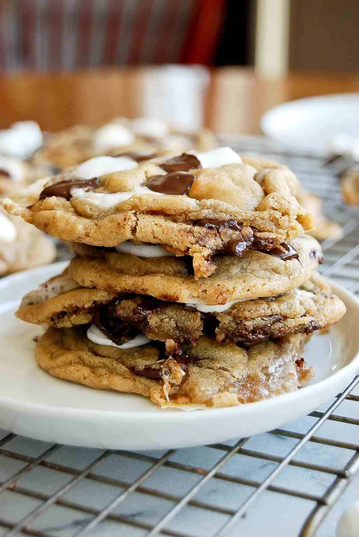 stack of chocolate chip marshmallow cookies.