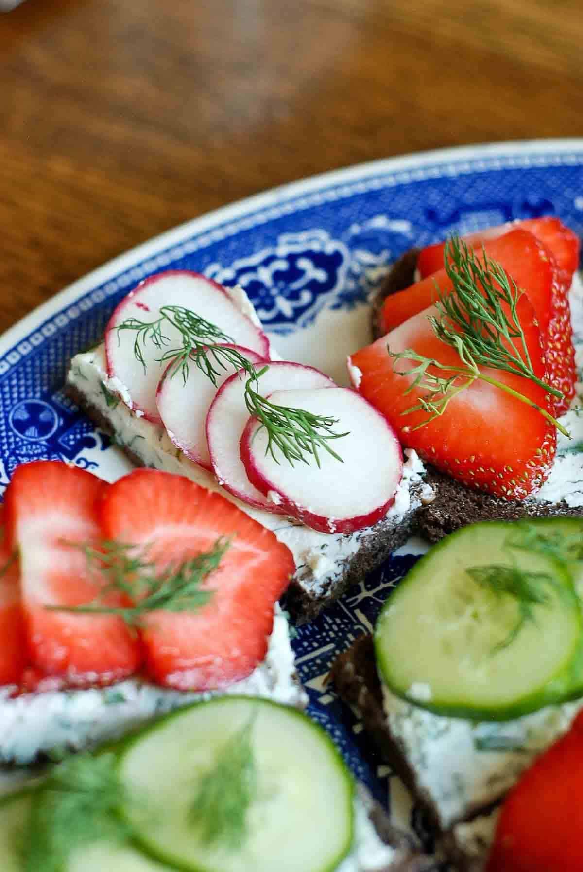 cucumber, radish and strawberry tea sandwiches.