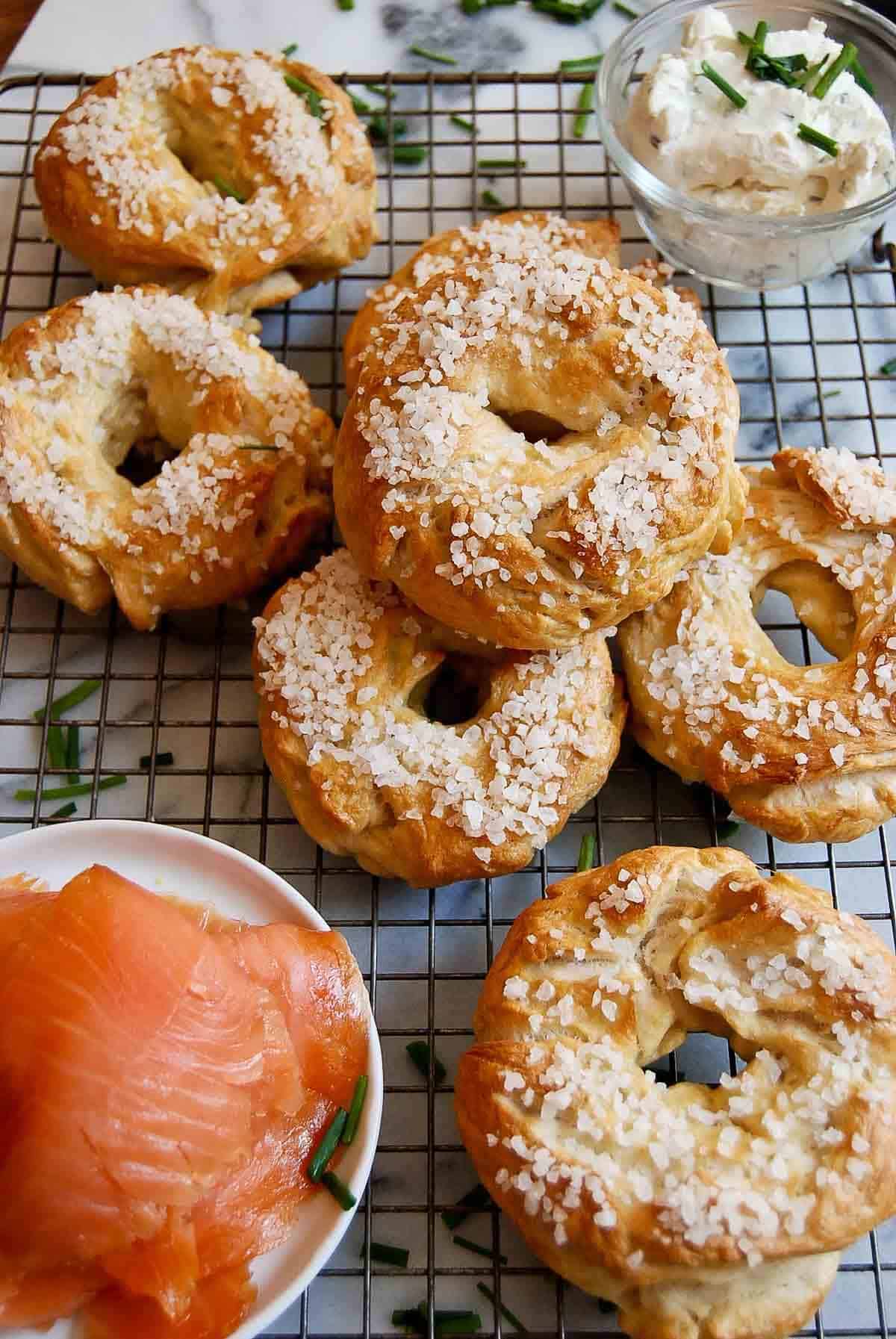 stack of salt bagels.