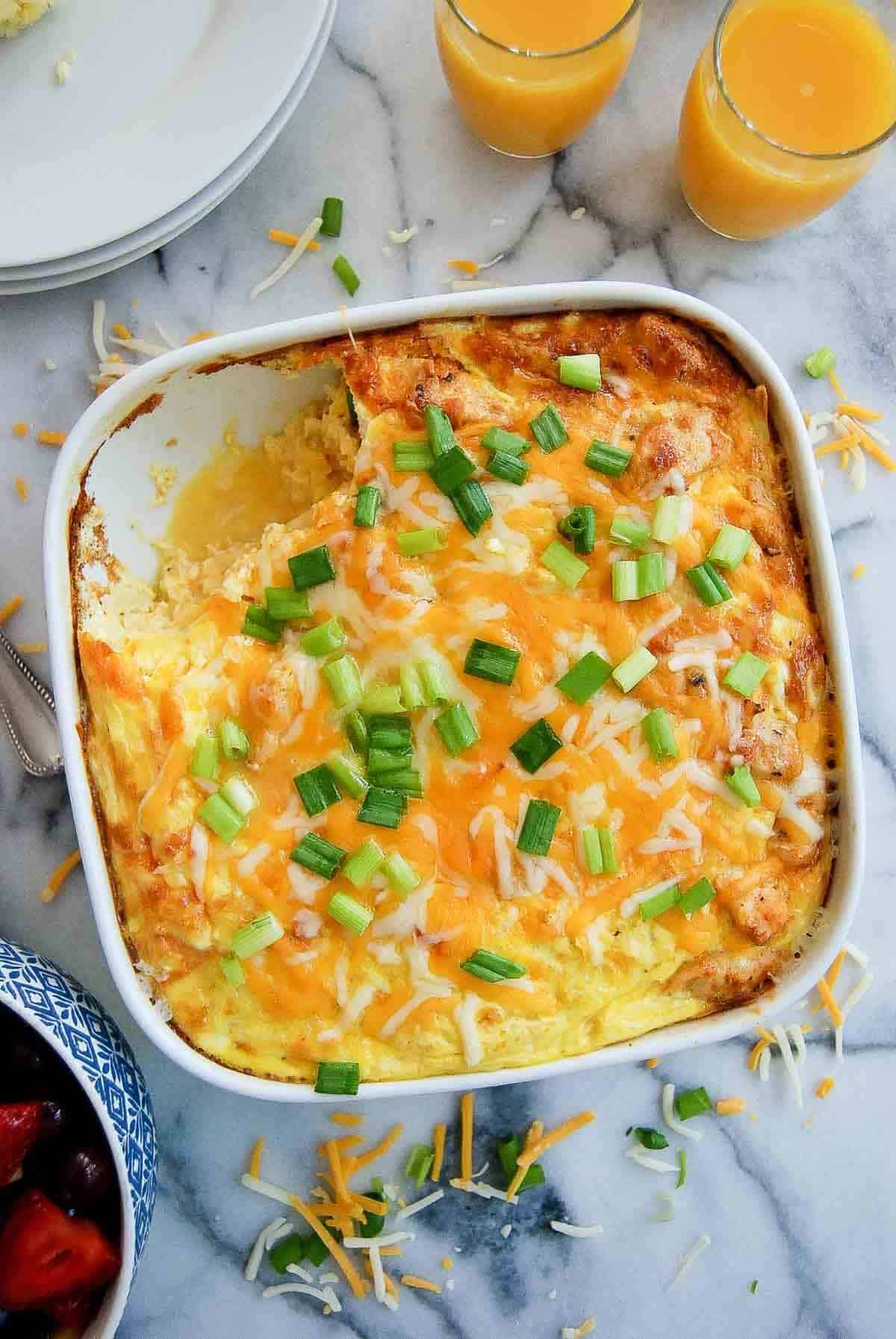 closeup of 5-ingredient chicken hash brown casserole in dish.