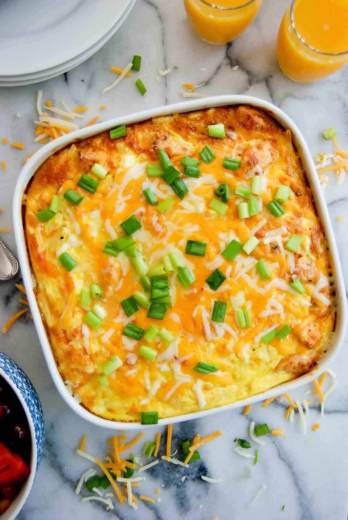 easy 5-ingredient chicken hash brown casserole in casserole dish on counter.