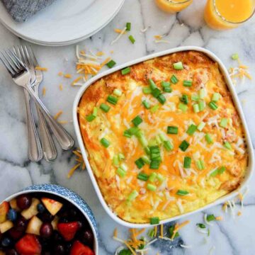 5-ingredient cheesy chicken hash brown casserole in casserole dish.