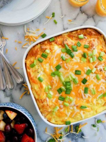 5-ingredient cheesy chicken hash brown casserole in casserole dish.