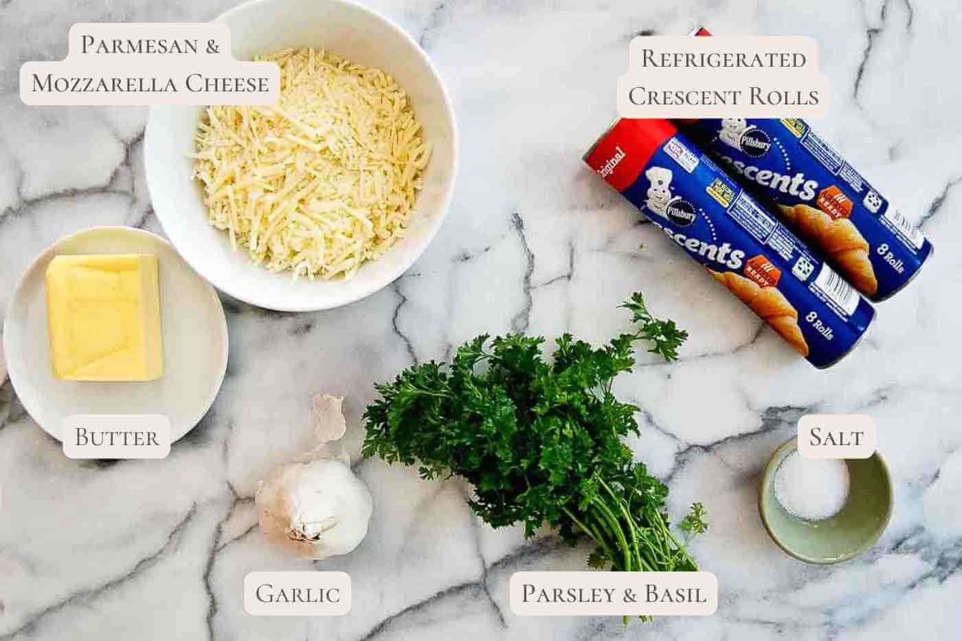 ingredients for crescent roll garlic knots on countertop.