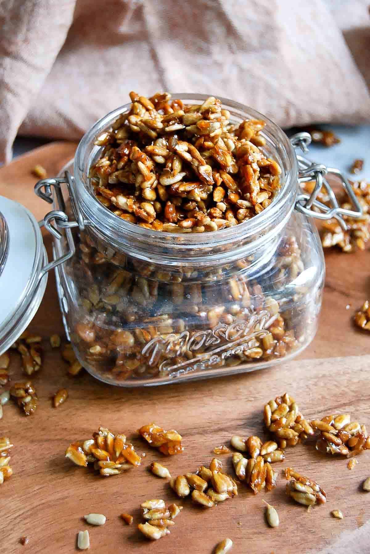 close up of honey roasted sunflower seeds.