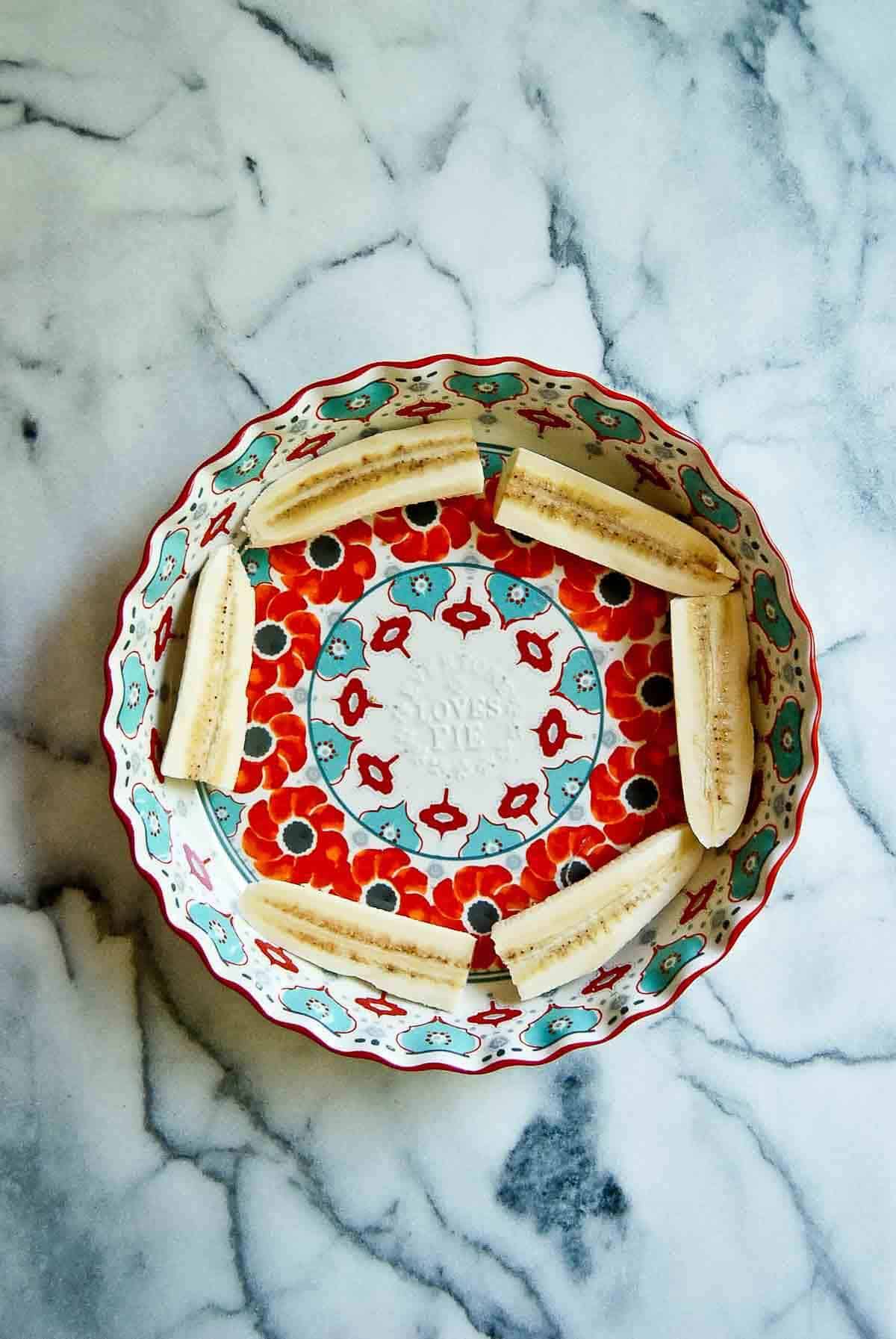 serving platter with banana halves around the perimeter.